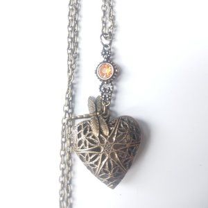 Gold Tone Dragonfly Brass Ox Heart Locket Charm Orange Gemstone Necklace